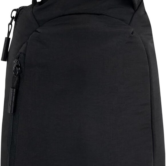 Black nylon crossbody sling bag with adjustable strap, buckle & zipper closure,